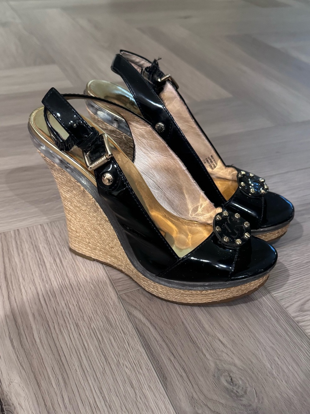 Micheal Kors Black Patent Wedge Sandals with Espadrille Sole